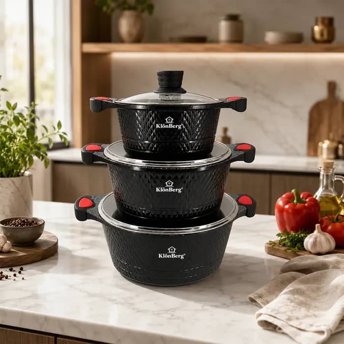 products.photoOf Ceramic Marble 6Pcs Nonstick Pot Set Cast Aluminium Black with Glass Lid KB-4200