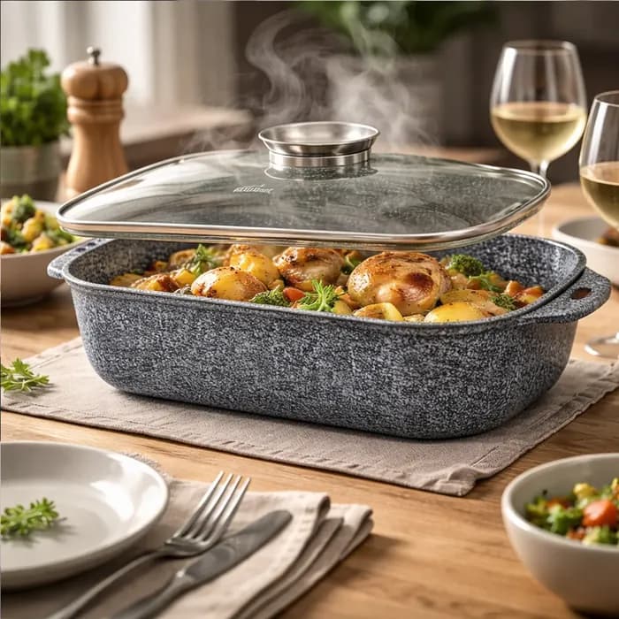 Roaster Pan 34cm 6L Ceramic Marble Non-Stick with Lid for Oven & Induction KB-3935