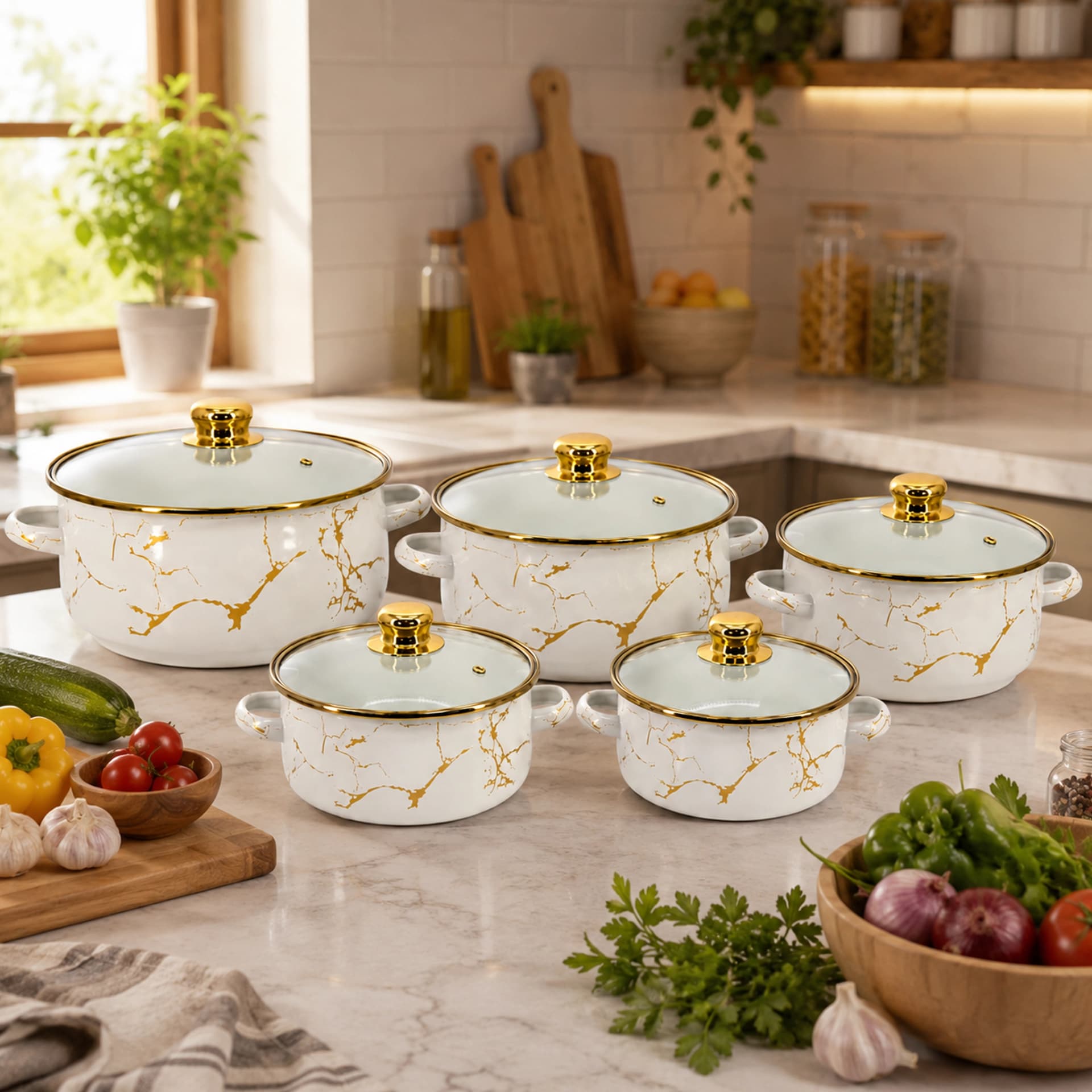 Enamel Casserole Set 10 Piece with Lids White Gold KB-9107