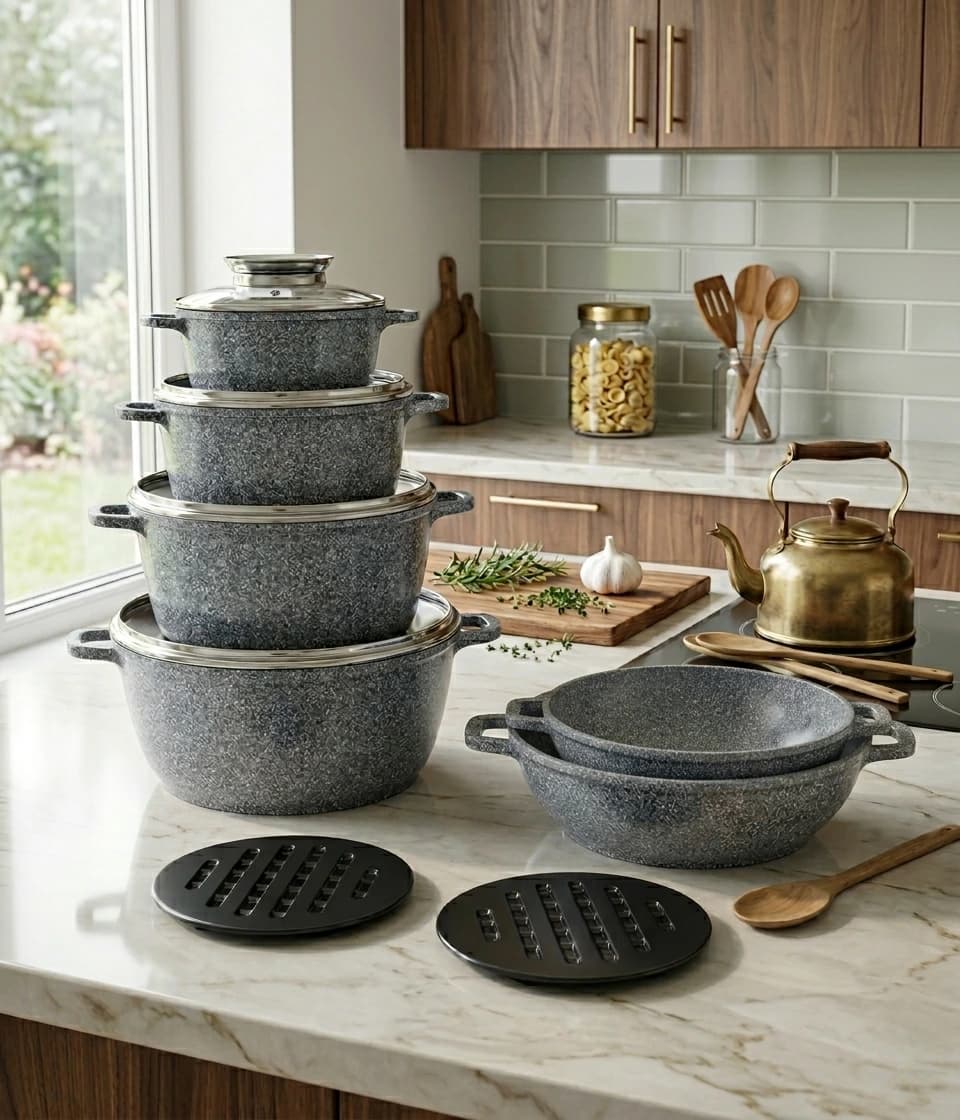 products.photoOf Cast Aluminum Nonstick Cookware Set 12PCS Ceramic Marble Grey with Glass Lids KB-3945