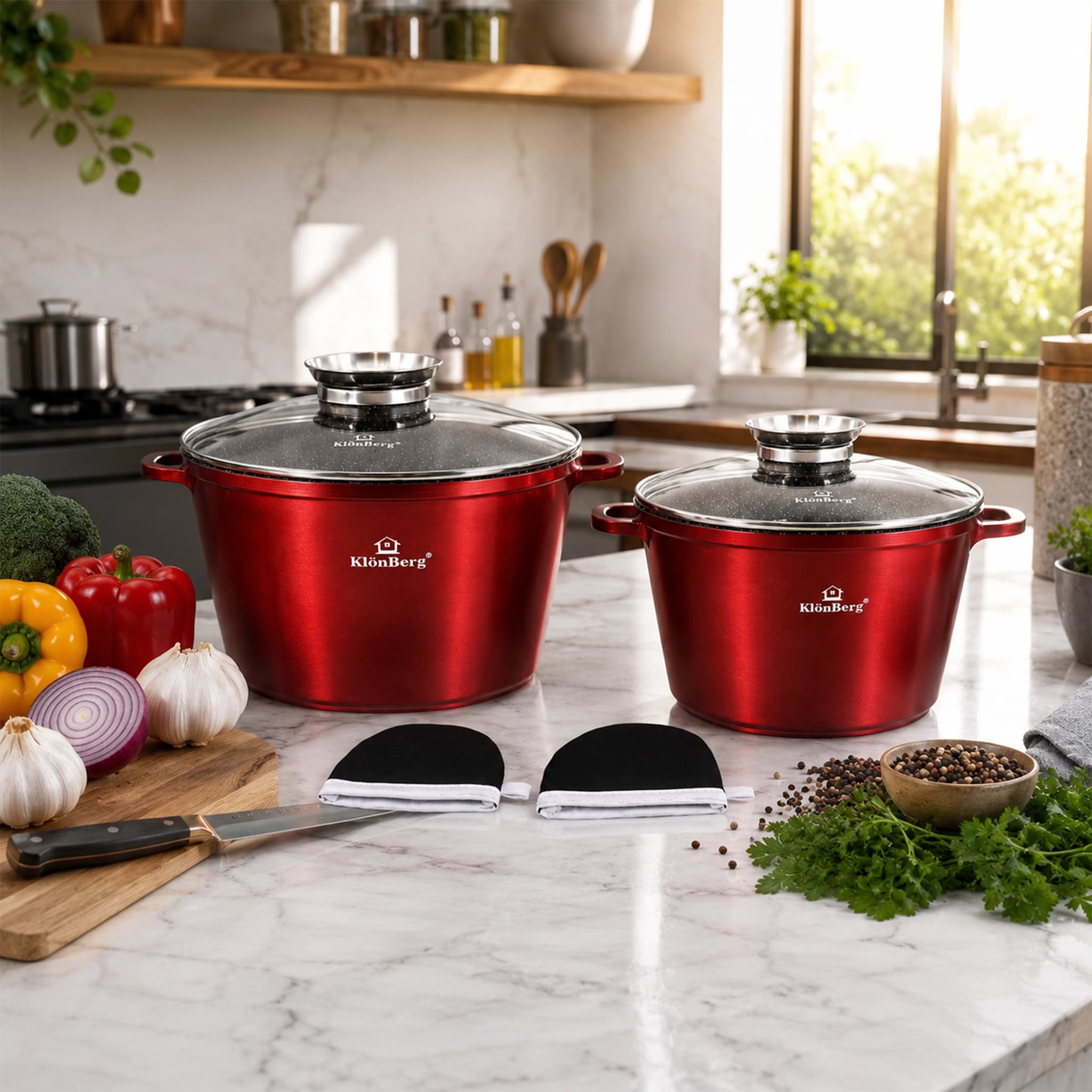 products.photoOf Ceramic Marble Cookware Pot Set 4PCS Red Cast Aluminium Non Stick with Glass Lid KB-4224