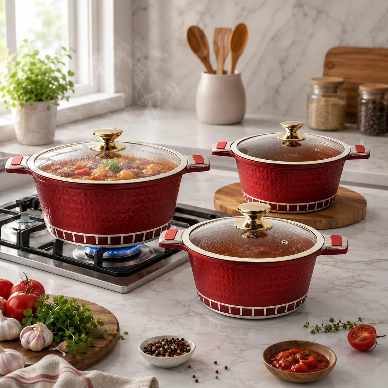 products.photoOf Ceramic Marble Casserole Set 6 Piece Red Non-Stick KB-4208