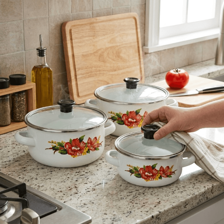 products.photoOf Enamel Casserole Set 6-Piece White Floral Pots with Glass Lids KB-9103
