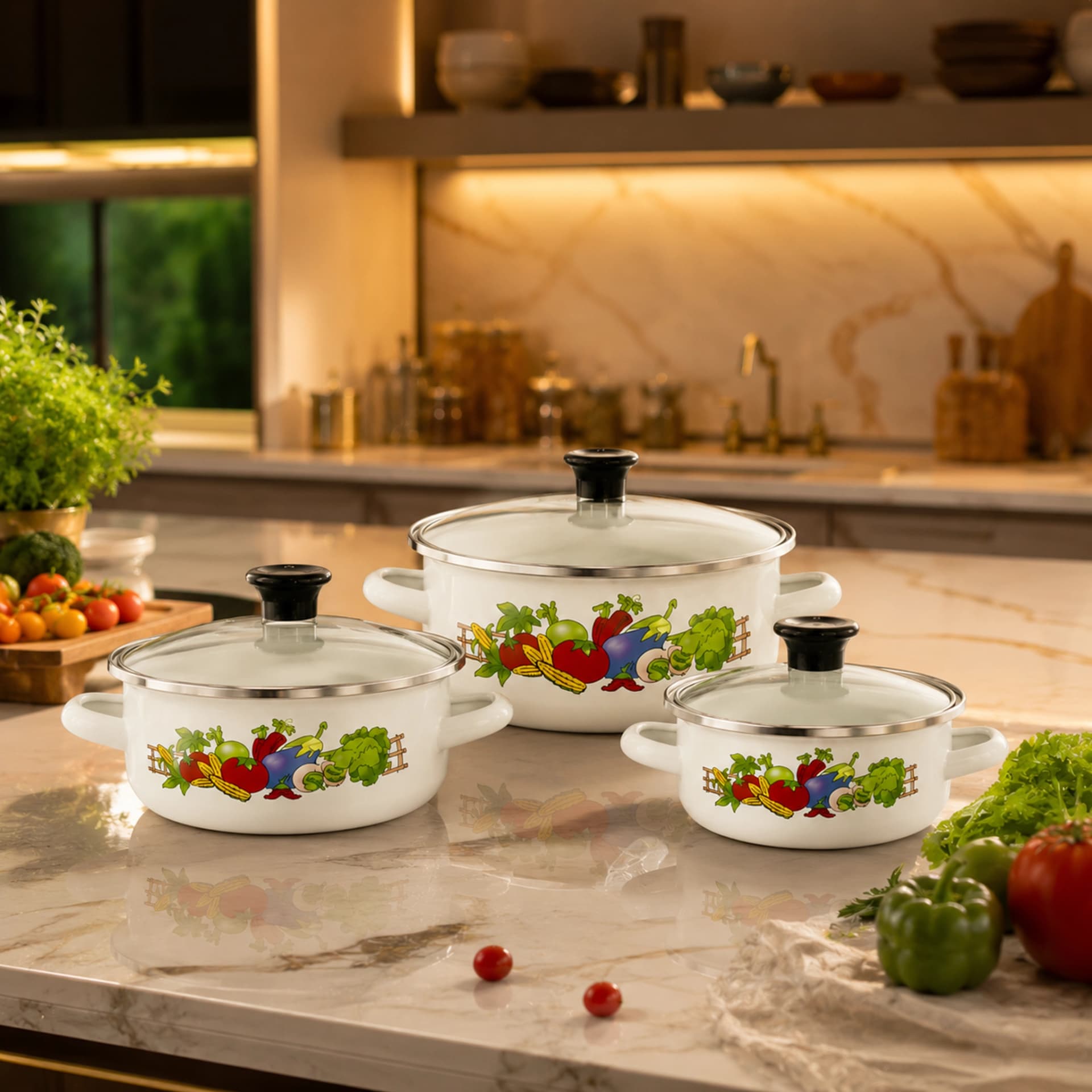 products.photoOf Enamel Casserole Set 6-Piece White Vegetable Print with Glass Lids KB-9103