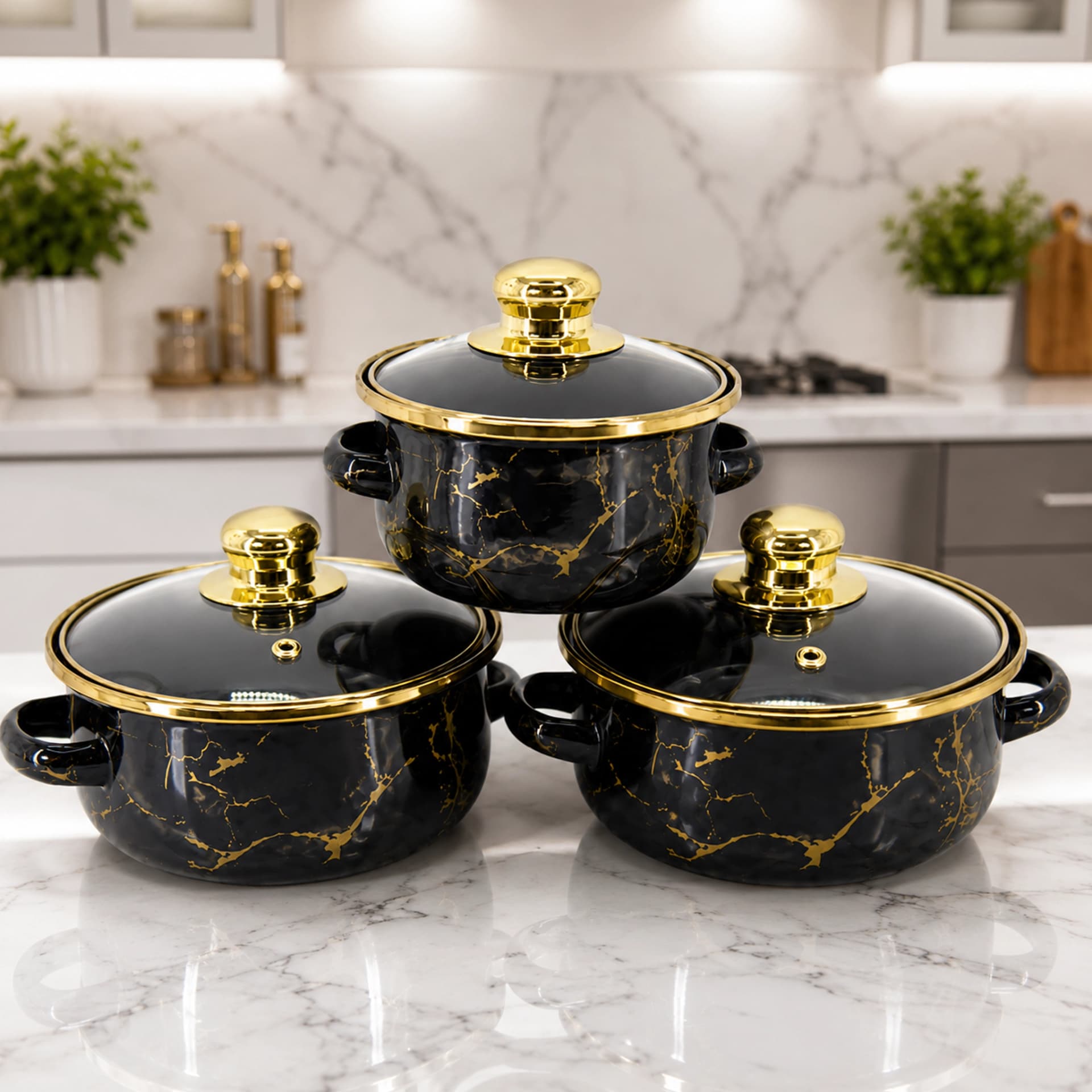 products.photoOf Enamel Casserole Set 6-Piece Black with Gold Marble Pattern and Lids KB-9110