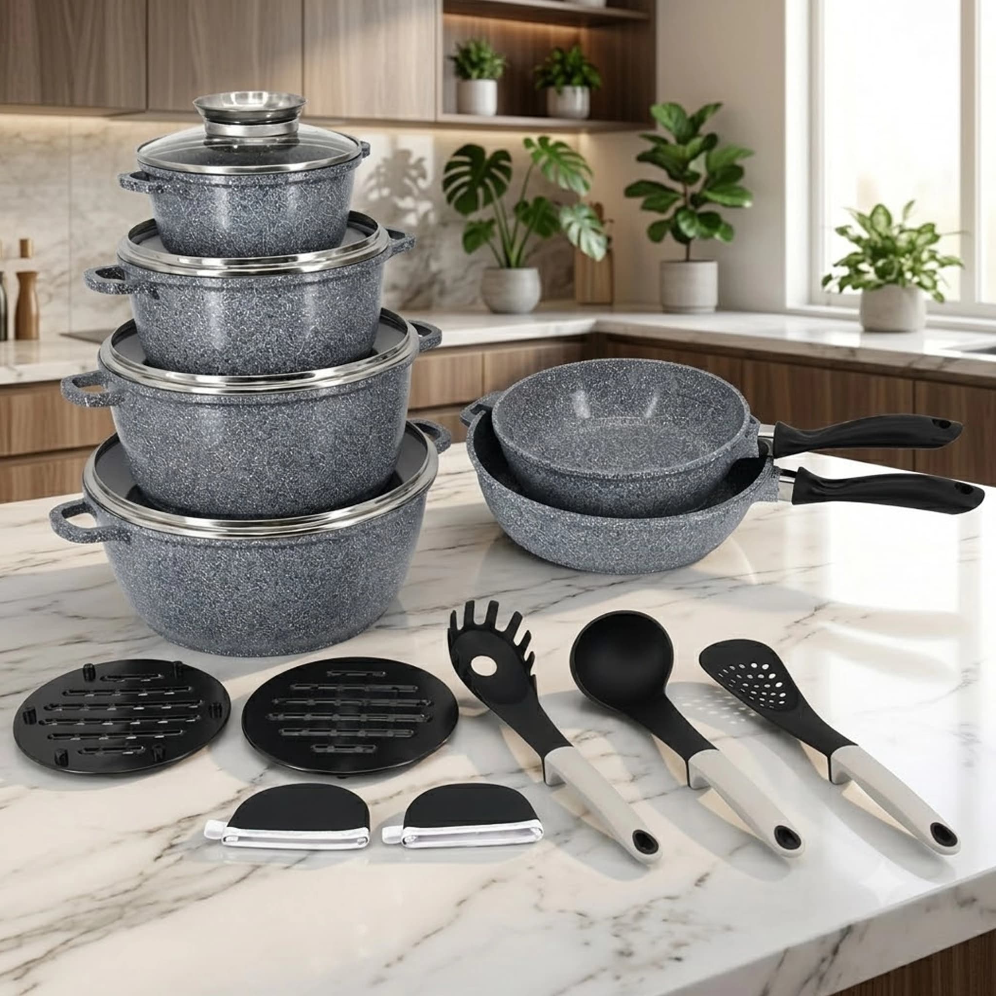 products.photoOf Ceramic Marble Non-Stick Cookware Set 17PCS Cast Aluminum Grey with Glass Lids KB-3926