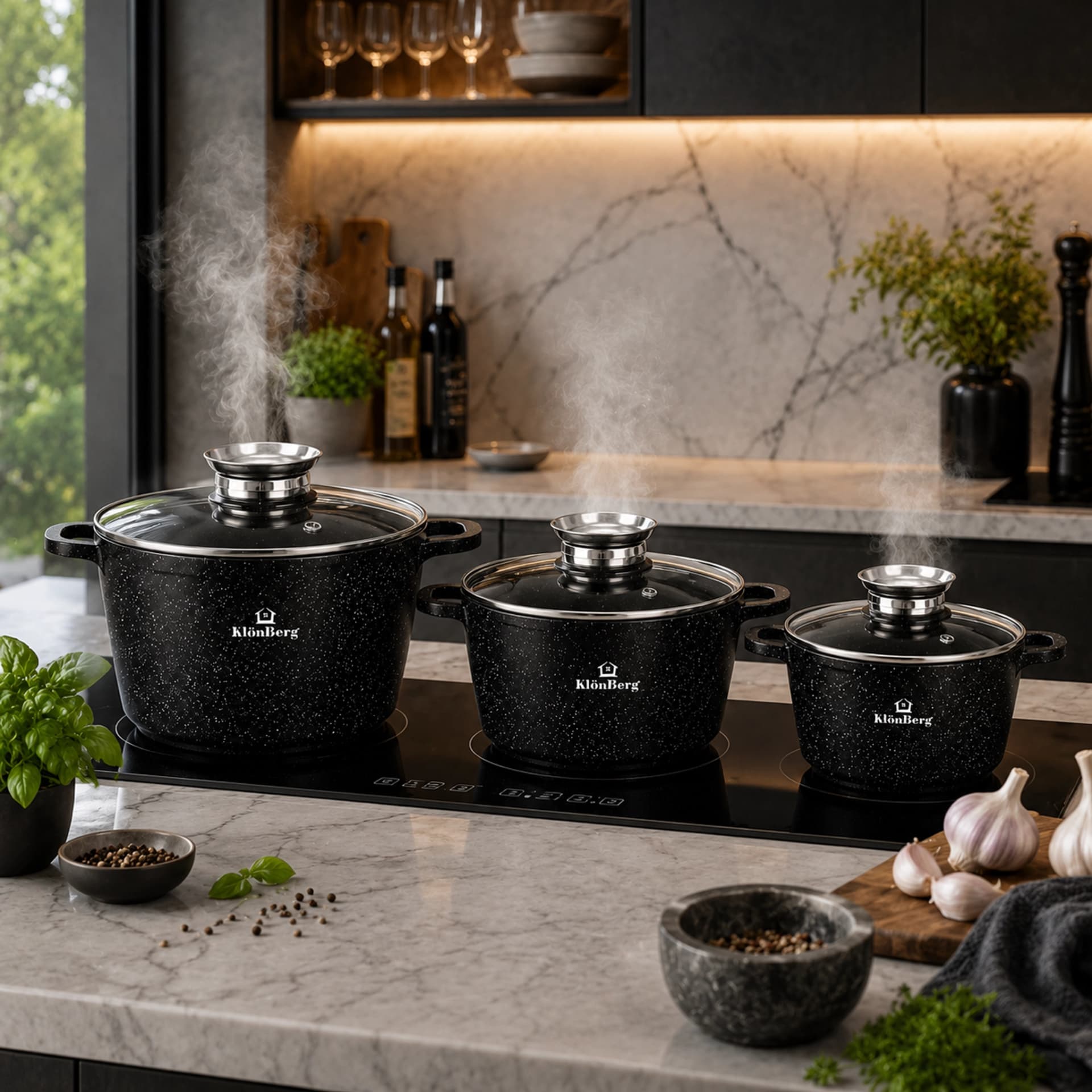 products.photoOf Ceramic Marble Cookware Set 6PCS Black Non Stick with Glass Lids KB-4038