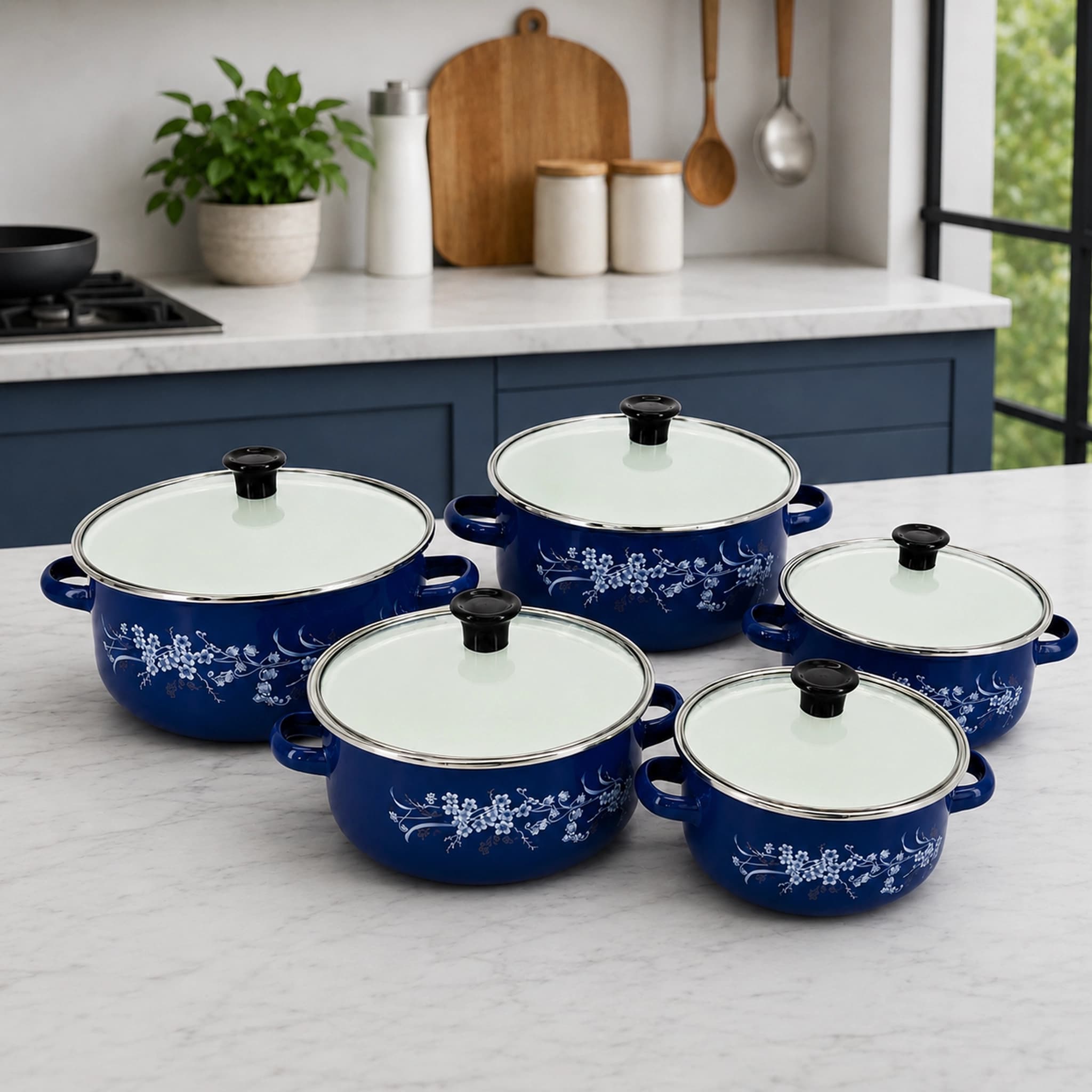 products.photoOf Enamel Cookware Set 10-Pcs Blue With Glass Lids KB-9102